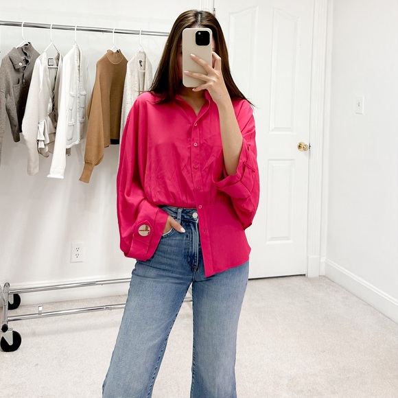 Simona Corsellini Silk Blend Open Back Button Down Shirt in Fuschia Pink - Picture 1 of 8